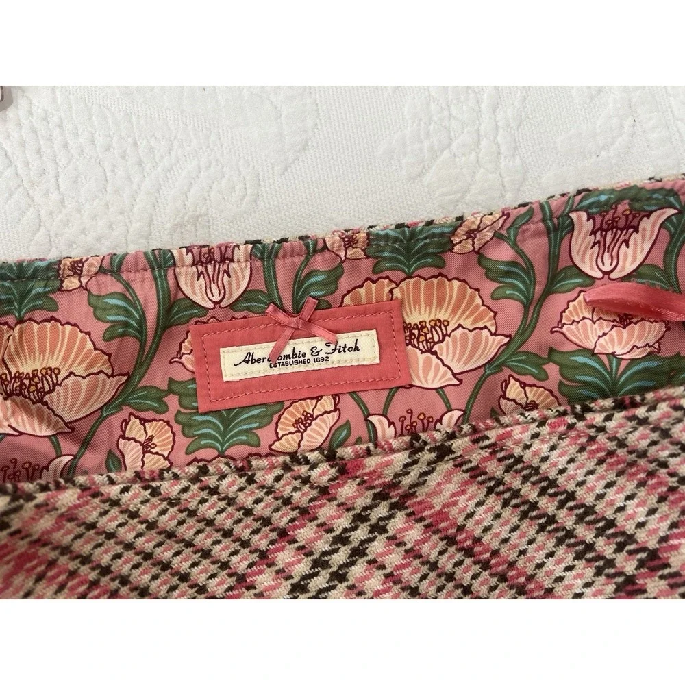 Y2K Abercrombie Fitch Mini Skirt Pink Brown Plaid Pleated Wool Blend & Silk Sz 8